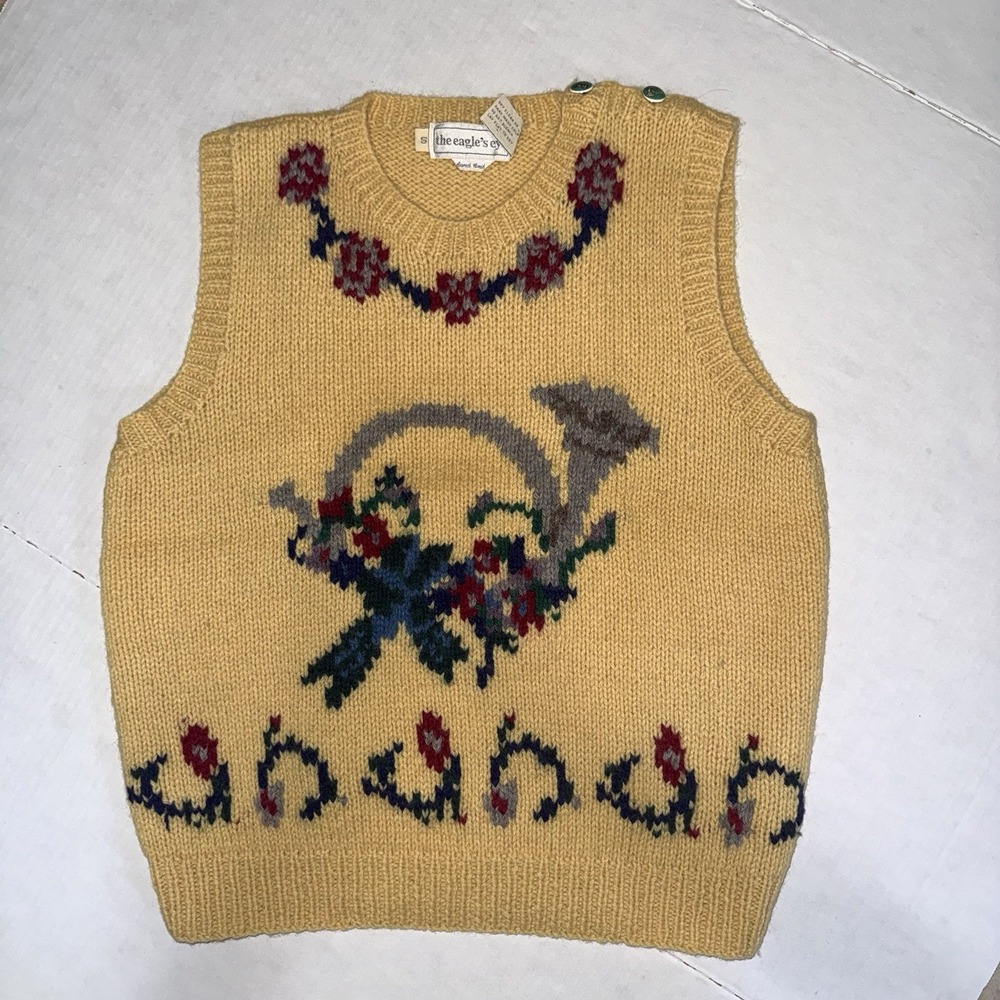 Vintage Eagles Eye Christmas Sweater Vest Womens S Yellow Wool French Horn